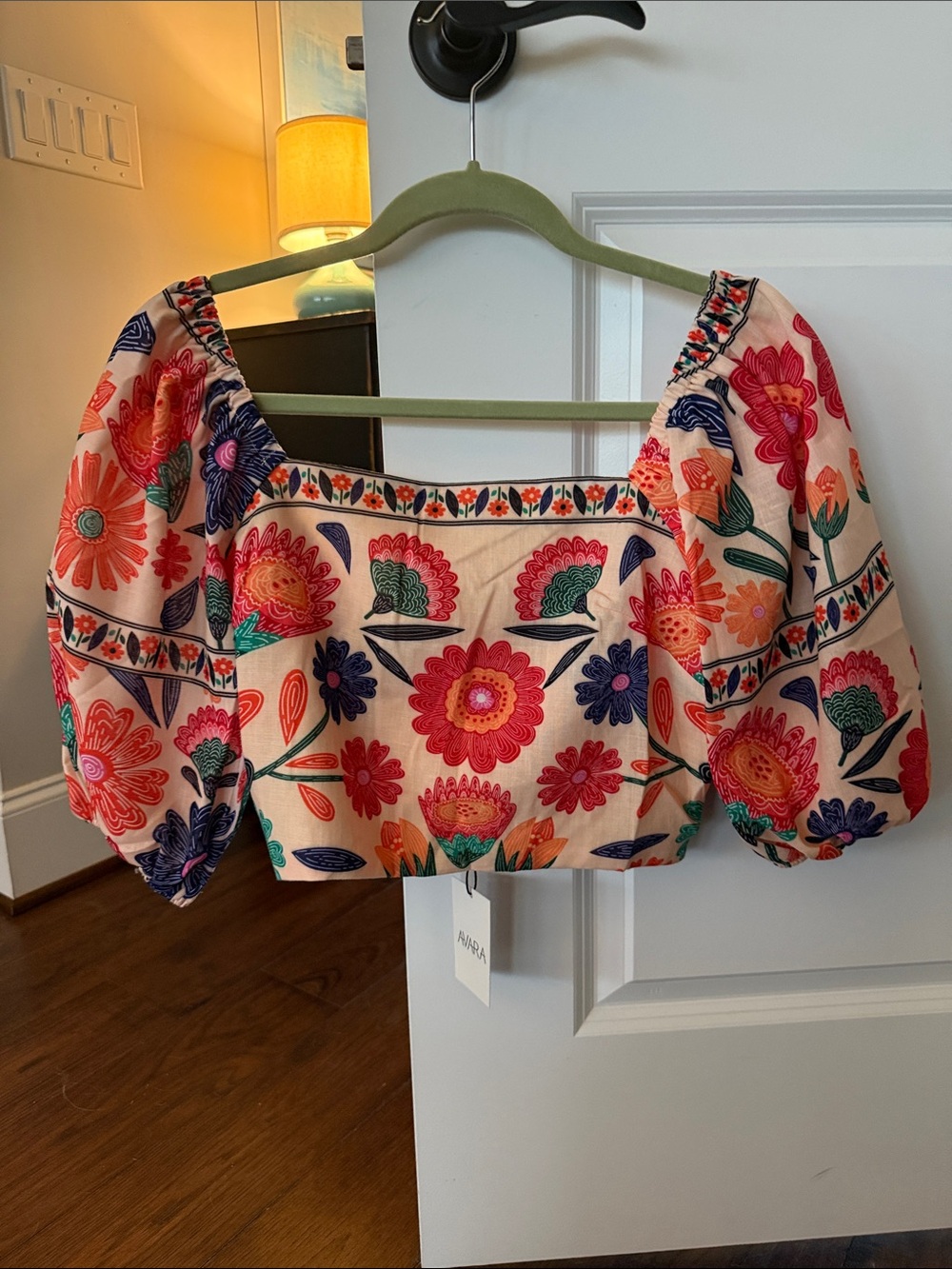 Embroidered Floral Square-Neck Puff Sleeve Crop Top - Pink Multi
